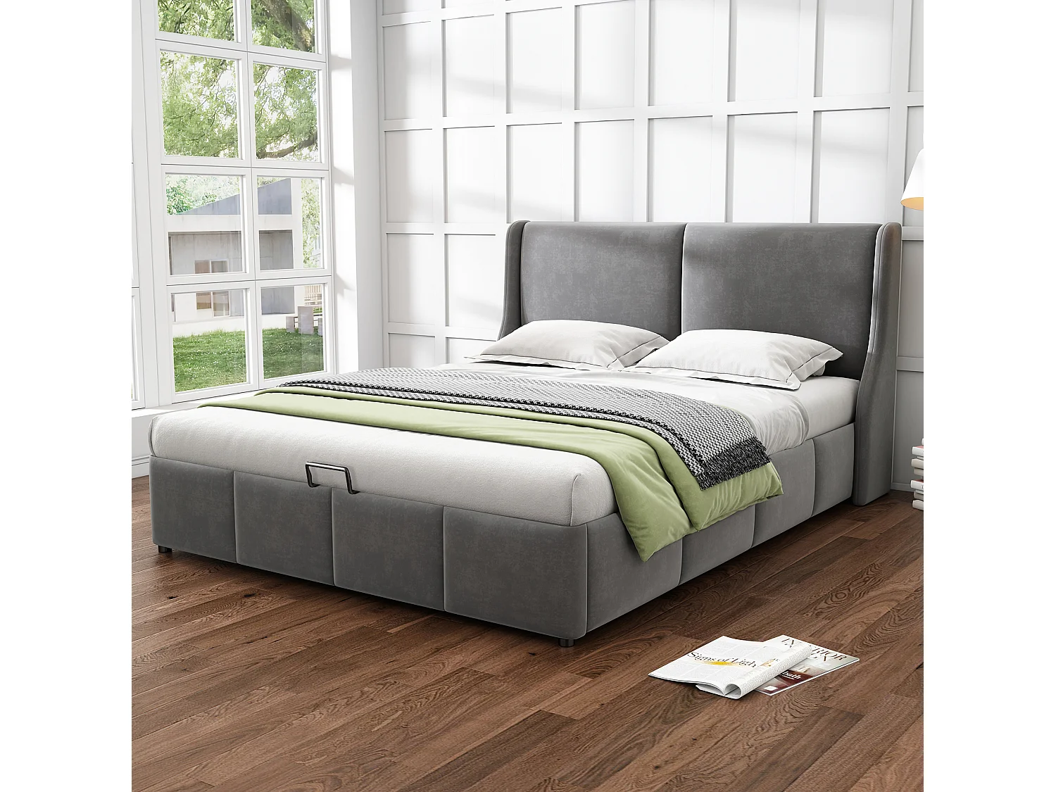 Gestoffeerd bed met kussenhoofdeinde, 160 x 200 cm, grijs, met opbergruimte en hydraulisch ontwerp – stevig frame – eleg