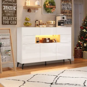 Glanzende woonkamerkast – 140 x 30 x 94 cm – met 3 laden + 5 deuren + LED's – MDF – wit