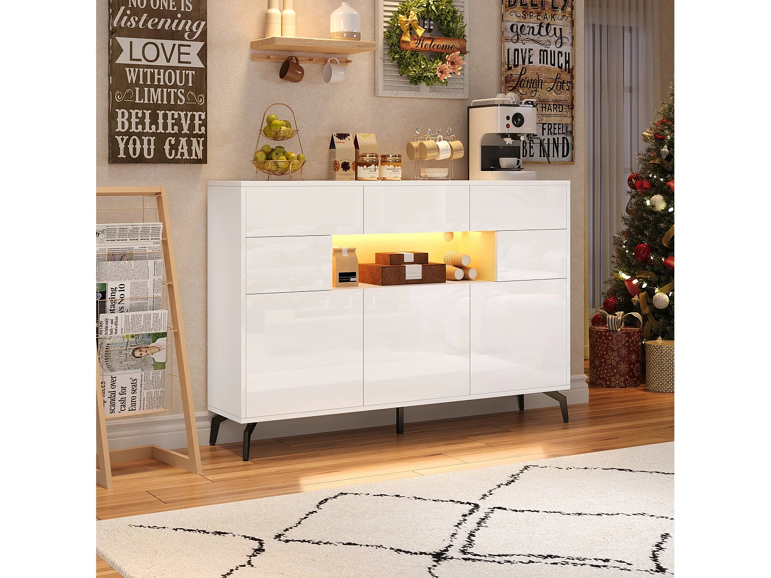Glanzende woonkamerkast - 140 x 30 x 94 cm - met 3 laden + 5 deuren + LED's - MDF - wit