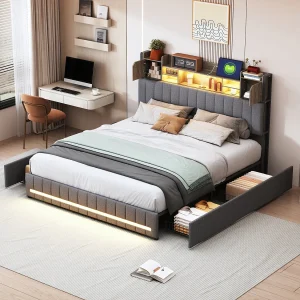 Gestoffeerd tweepersoonsbed 160 x 200 cm, met lattenbodem en 4 lades, met LED- en USB-voet, hoofdbord met opbergruimte, linnen Gestoffeerd tweepersoonsbed 160 x 200 cm, met lattenbodem en 4 lades, met LED- en USB-voet, hoofdbord met opbergruimte, linnen