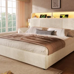Gestoffeerd opbergbed 140×200 cm – met LED-verlichting – met USB- en Type-C-poorten – met in hoogte verstelbare hoofdeinde – fluweel – Beige Gestoffeerd opbergbed 140×200 cm – met LED-verlichting – met USB- en Type-C-poorten – met in hoogte verstelbare hoofdeinde – fluweel – Beige