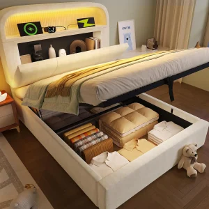 Gestoffeerd opbergbed 90×200 cm – met LED-verlichting – met USB- en Type-C-poorten – met in hoogte verstelbare hoofdeinde – fluweel – Beige Gestoffeerd opbergbed 90×200 cm – met LED-verlichting – met USB- en Type-C-poorten – met in hoogte verstelbare hoofdeinde – fluweel – Beige