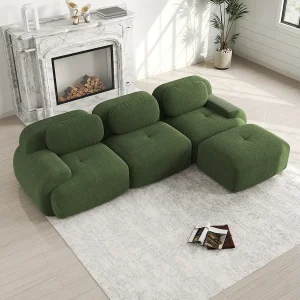 Groene hoekbank – 3-zitsbank met gebogen armleuningen en decoratieve kussens – Corduroy Groene hoekbank – 3-zitsbank met gebogen armleuningen en decoratieve kussens – Corduroy