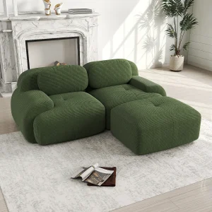 Hoekbank met gebogen armleuningen – 2-zitsbank met rugleuning en sierkussens – groen corduroy Hoekbank met gebogen armleuningen – 2-zitsbank met rugleuning en sierkussens – groen corduroy