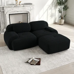 Hoekbank met gebogen armleuningen – 2-zitsbank met rugleuning en sierkussens – zwart corduroy Hoekbank met gebogen armleuningen – 2-zitsbank met rugleuning en sierkussens – zwart corduroy
