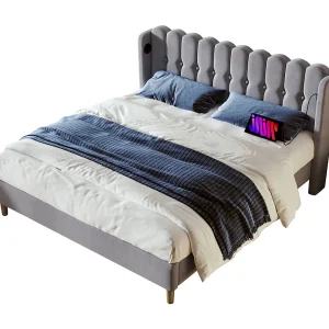 Gewatteerd bed 180 x 200 cm voor volwassenen – USB + type C – linnen stof – grijs Gewatteerd bed 180 x 200 cm voor volwassenen – USB + type C – linnen stof – grijs