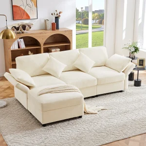 Hoekbank met voetenbank – 4-zitsbank met 4 kussens en verstelbare armleuningen – beige chenille stof Hoekbank met voetenbank – 4-zitsbank met 4 kussens en verstelbare armleuningen – beige chenille stof