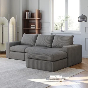 Hoekbank – 3-zitsbank met drie kussens en armleuningen – donkergrijs corduroy Hoekbank – 3-zitsbank met drie kussens en armleuningen – donkergrijs corduroy