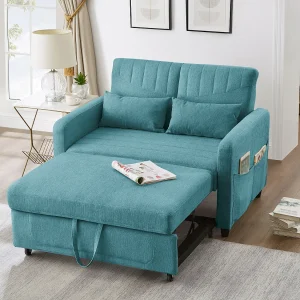 Groene 2-zitsbank – Loungebank met uitschuiffunctie en twee kussens – Verstelbare rugleuning – Stof van katoen en linnen Groene 2-zitsbank – Loungebank met uitschuiffunctie en twee kussens – Verstelbare rugleuning – Stof van katoen en linnen