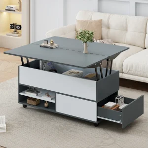 Grijze in hoogte verstelbare salontafel – Salontafel met 1 lade en 1 deur – halfopen opbergruimte Grijze in hoogte verstelbare salontafel – Salontafel met 1 lade en 1 deur – halfopen opbergruimte