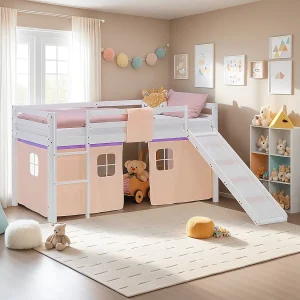 Halfhoogslaper voor kinderen 90×200 cm wit met gordijn Halfhoogslaper voor kinderen 90×200 cm wit met gordijn