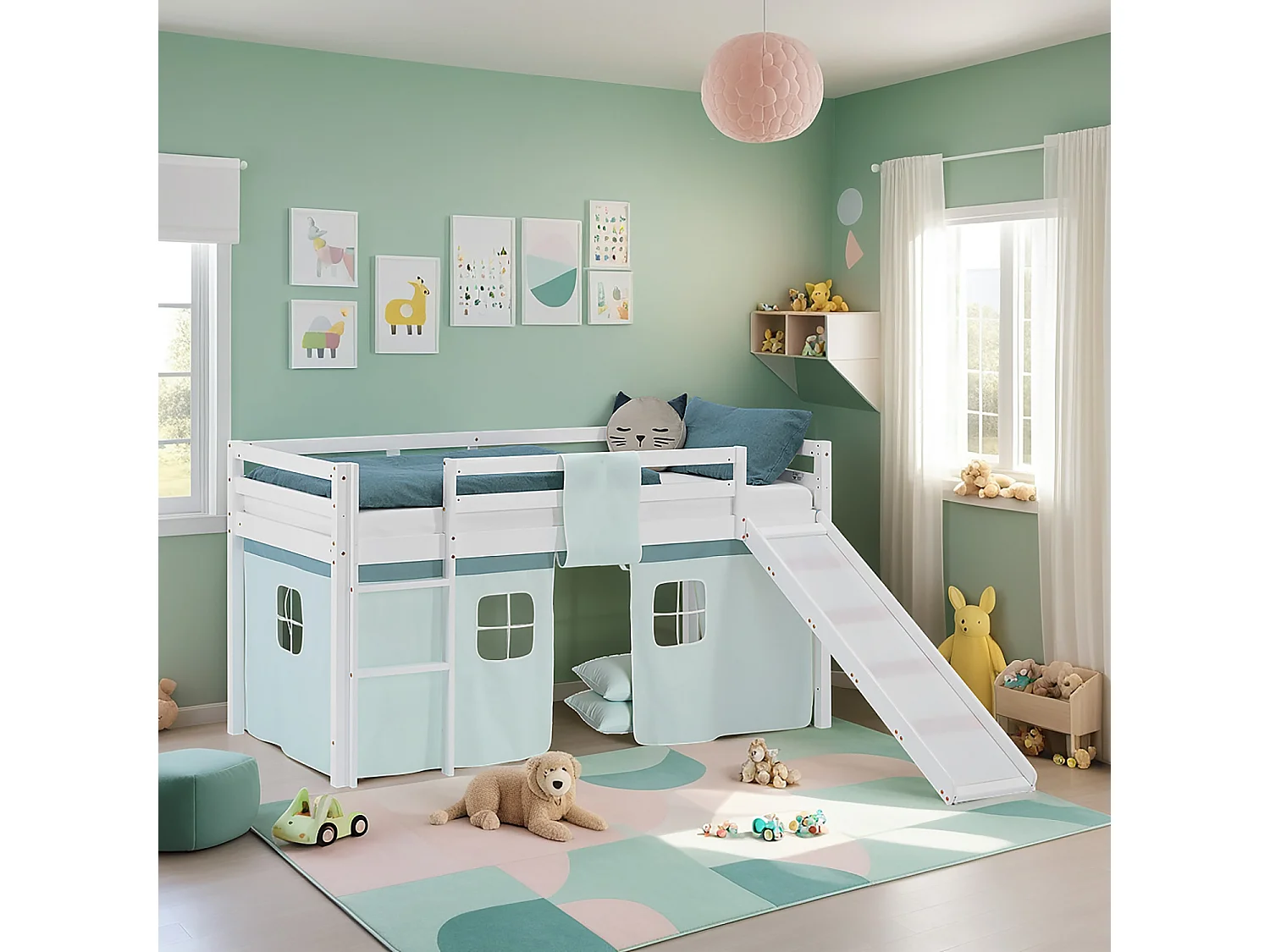 Halfhoogslaper voor kinderen 90x200 cm wit met mintgroen gordijn