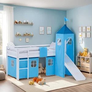 Hefbed voor kinderen 90×200 cm wit met blauwe gordijn Hefbed voor kinderen 90×200 cm wit met blauwe gordijn