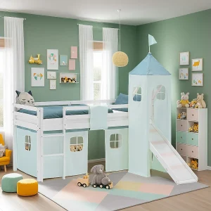 Halfhoogslaper voor kinderen 90×200 cm wit met mintgroene gordijn Slide Tower met lattenbodem Halfhoogslaper voor kinderen 90×200 cm wit met mintgroene gordijn Slide Tower met lattenbodem