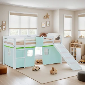 Halfhoogslaper voor Kinderen 90×200 cm Wit met Groene Gordijn Halfhoogslaper voor Kinderen 90×200 cm Wit met Groene Gordijn
