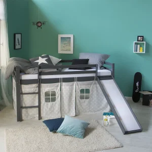 Hefbed 207,5x110x219,5 cm Grijs met glijbaan massief dennenhout gordijn sterren lattenbodem