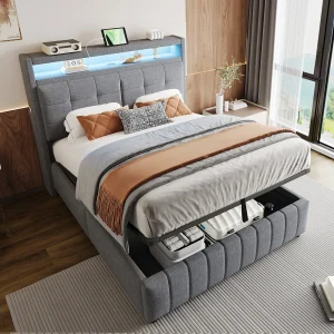 Gestoffeerd bed 140×200 cm in grijs linnen met LED, USB en opbergruimte Gestoffeerd bed 140×200 cm in grijs linnen met LED, USB en opbergruimte