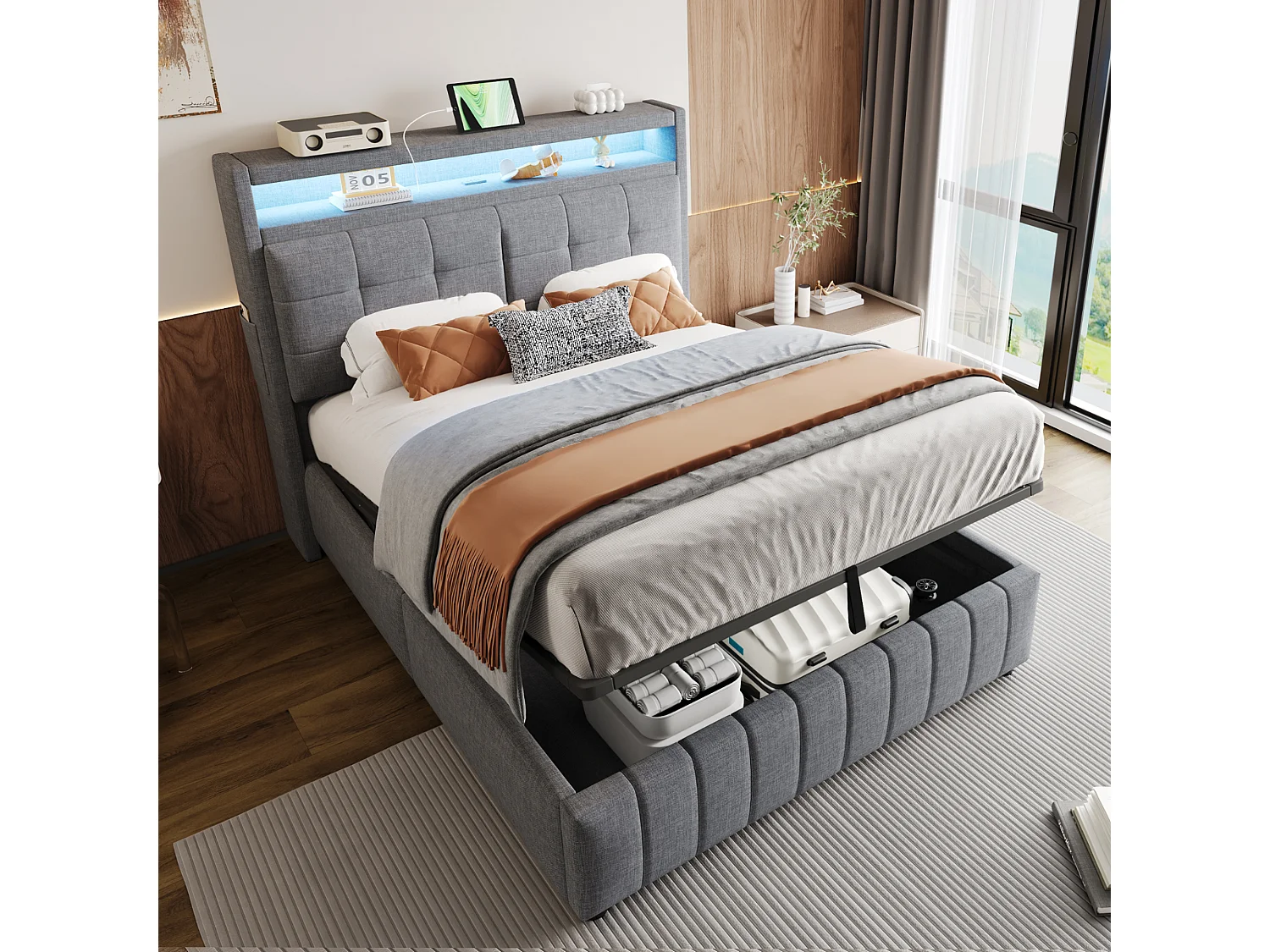 Gestoffeerd bed 140x200 cm in grijs linnen met LED, USB en opbergruimte