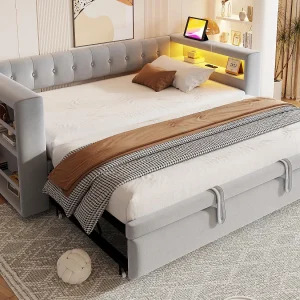 Gestoft bed 90×190 cm – met LED-verlichting – met opbergbed – met stopcontact – lichtgrijs Gestoft bed 90×190 cm – met LED-verlichting – met opbergbed – met stopcontact – lichtgrijs