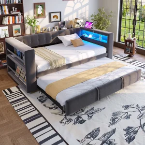 Gestoft bed 90×190 cm – met LED-verlichting – met opbergbed – met stopcontact – donkergrijs Gestoft bed 90×190 cm – met LED-verlichting – met opbergbed – met stopcontact – donkergrijs