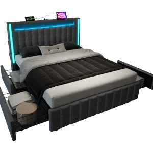 Gestoffeerd bed 140 x 200 cm met 4 lades – USB Type C stopcontacten en LED verlichting – Linnen stof – Grijs (zonder matras) Gestoffeerd bed 140 x 200 cm met 4 lades – USB Type C stopcontacten en LED verlichting – Linnen stof – Grijs (zonder matras)