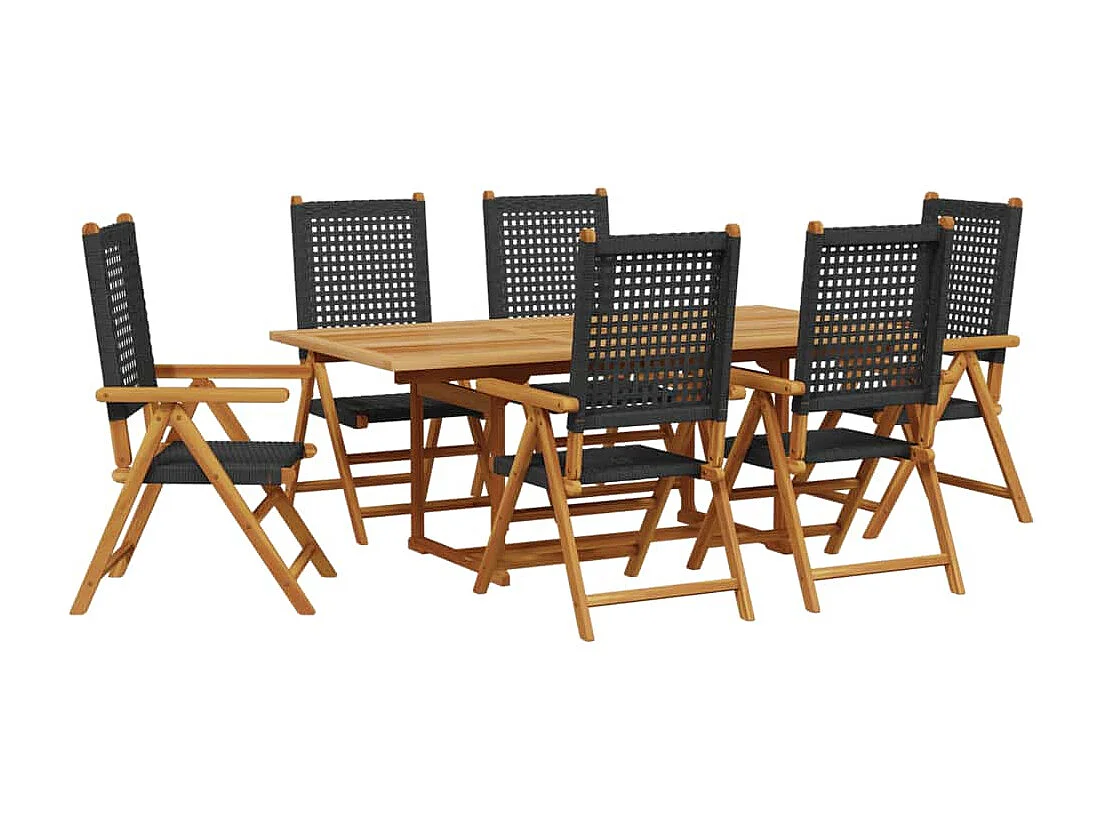 Grilda 7-delige Tuinset poly rattan en massief hout zwart