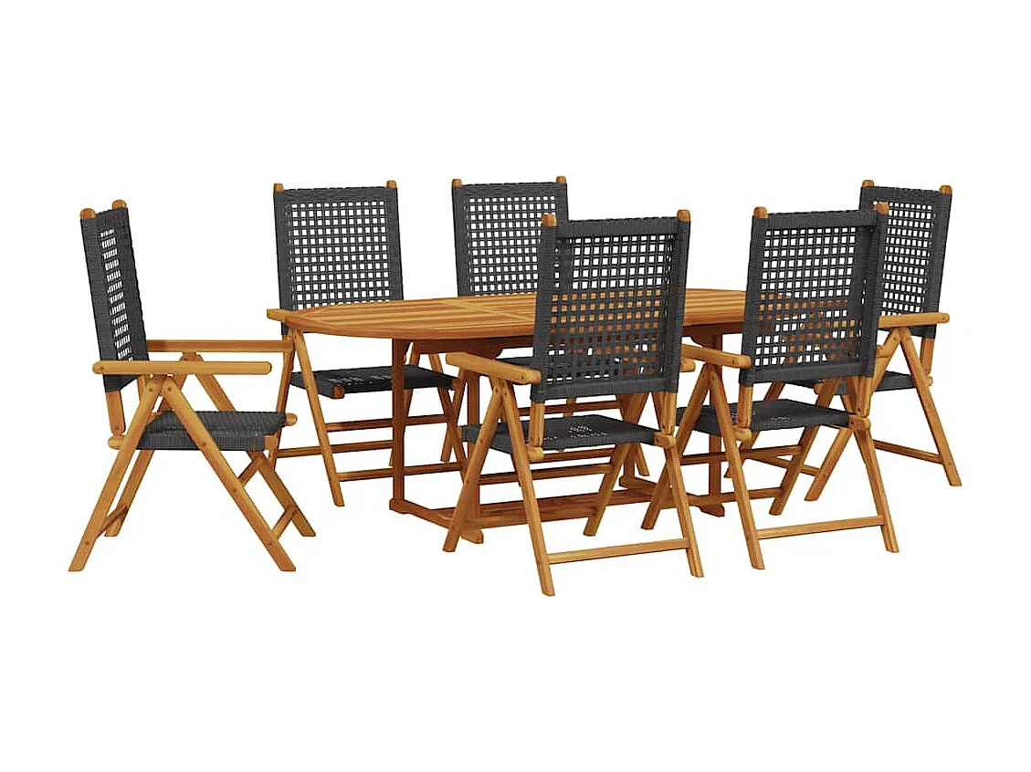 Grilda 7-delige Tuinset poly rattan en massief hout zwart