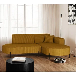 Hoekbank, bank L-vorm design Modena pure stof Poso mosterdkleur rechts Hoekbank, bank L-vorm design Modena pure stof Poso mosterdkleur rechts
