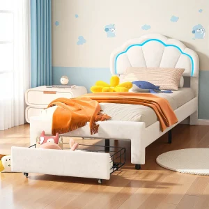 Gestoffeerd bed 90 x 200 cm, met LED, met lades, met lattenbodem, fluweel, wit