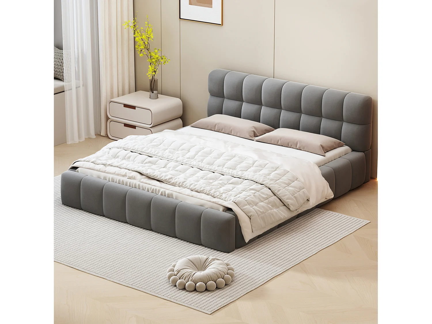 Gestoffeerd tweepersoonsbed, bubbel, 140 x 190 cm, met lattenbodem en zachte rugleuning, linnen, grijs