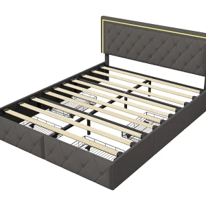 Gestoffeerd bed 140x200cm met LED, met 4 opbergladen, met lattenbodem, PU, grijs Gestoffeerd bed 140x200cm met LED, met 4 opbergladen, met lattenbodem, PU, grijs