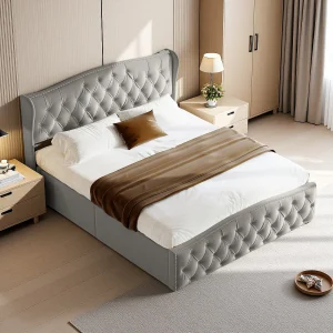 Gestoffeerd bed met opbergruimte 160 x 200 cm, met Wave Line hoofdbord, grijs Gestoffeerd bed met opbergruimte 160 x 200 cm, met Wave Line hoofdbord, grijs