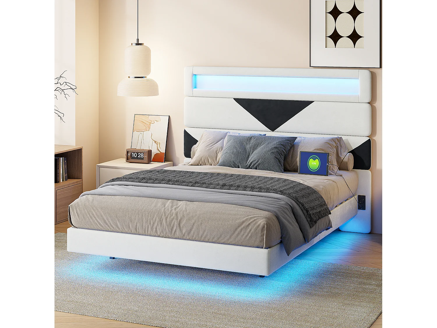 Hangbed 160 x 200 cm met LED - USB, tweepersoonsbedframe met lattenbodem, fluweel, wit