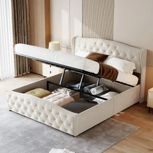 Gestoffeerd bed 140 x 200 cm, met opbergruimte, lattenbodem, fluweel, beige Gestoffeerd bed 140 x 200 cm, met opbergruimte, lattenbodem, fluweel, beige