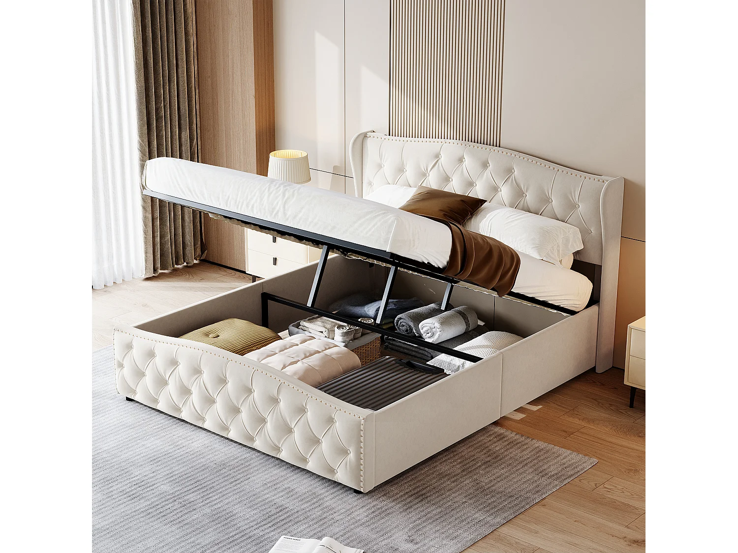 Gestoffeerd bed 140 x 200 cm, met opbergruimte, lattenbodem, fluweel, beige