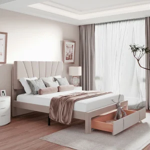 Gestoffeerd bed van 140 x 200 cm, tweepersoonsbed met lattenbodem, hoofdbord en grote lade, beige Gestoffeerd bed van 140 x 200 cm, tweepersoonsbed met lattenbodem, hoofdbord en grote lade, beige