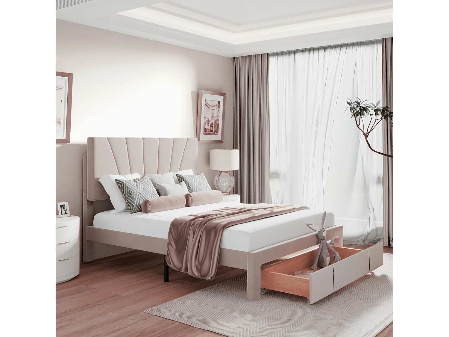 Gestoffeerd bed van 140 x 200 cm, tweepersoonsbed met lattenbodem, hoofdbord en grote lade, beige