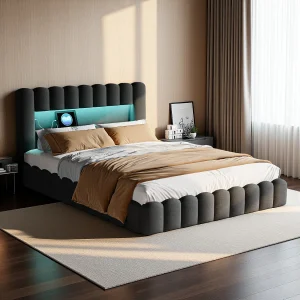 Gestoffeerd tweepersoonsbed 160 x 200 cm, met led- en usb-aansluiting, lattenbodem en hoofdeinde, linnen, grijs Gestoffeerd tweepersoonsbed 160 x 200 cm, met led- en usb-aansluiting, lattenbodem en hoofdeinde, linnen, grijs