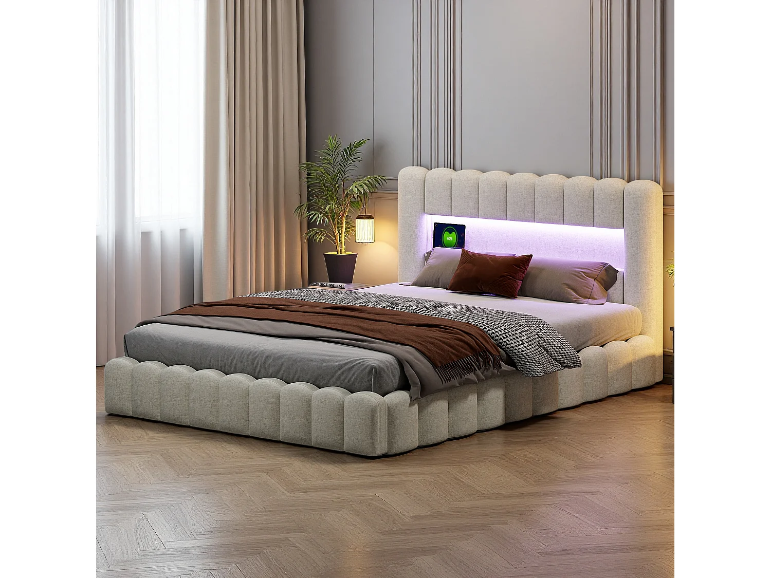 Gestoffeerd tweepersoonsbed, bubbel, 180 x 200 cm, met LED en USB, opbergbed, beige