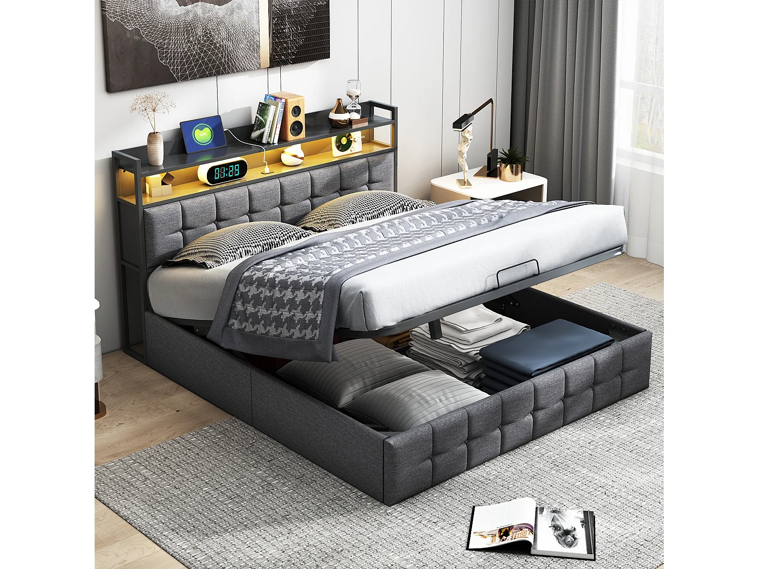 Gestoffeerd bed 160 x 200 cm, met opbergruimte en lattenbodem, LED en USB, linnen, grijs
