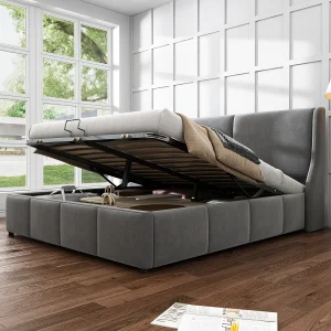 Gestoffeerd tweepersoonsbed, 140 x 200 cm, met opbergvak onder het bed, lattenbodem, grijs