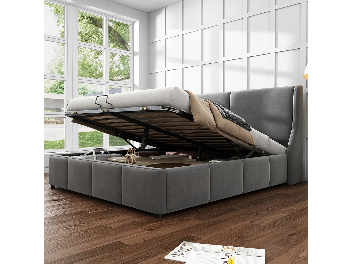 Gestoffeerd tweepersoonsbed, 140 x 200 cm, met opbergvak onder het bed, lattenbodem, grijs