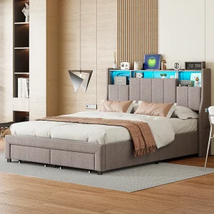 Gestoffeerd tweepersoonsbed, 140 x 200 cm, LED, met opbergruimte, met lattenbodem, Grijs