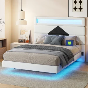 Gestoffeerd tweepersoonsbed 140×190 cm, tweepersoonsbedden met LED en USB, met lattenbodem, wit Gestoffeerd tweepersoonsbed 140×190 cm, tweepersoonsbedden met LED en USB, met lattenbodem, wit