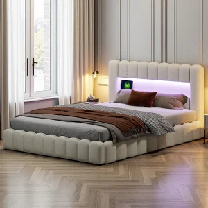 Gestoffeerd tweepersoonsbed, bubbel, 140 x 200 cm, met LED en USB, opbergbed, beige Gestoffeerd tweepersoonsbed, bubbel, 140 x 200 cm, met LED en USB, opbergbed, beige