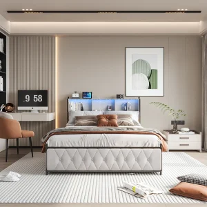 Gestoffeerd tweepersoonsbed 160x200cm, met 2 USB-poorten, LED-bed met 4 opberglades, fluweel, beige Gestoffeerd tweepersoonsbed 160x200cm, met 2 USB-poorten, LED-bed met 4 opberglades, fluweel, beige