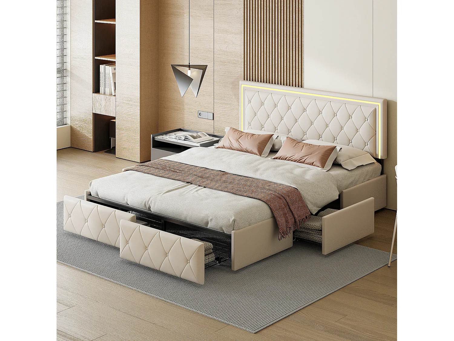 Gestoffeerd bed 140x200cm met LED, met 4 opbergladen, met lattenbodem, PU, wit