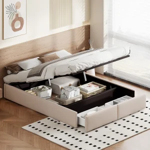 Gestoffeerd bed van 160 x 200 cm met lade onder het bed, zonder hoofdbord, met lattenbodem, linnen, beige Gestoffeerd bed van 160 x 200 cm met lade onder het bed, zonder hoofdbord, met lattenbodem, linnen, beige