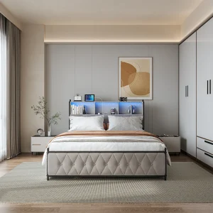 Gestoffeerd tweepersoonsbed 180x200cm, met 2 USB-aansluitingen, LED-bed met 4 opberglades, fluweel, beige Gestoffeerd tweepersoonsbed 180x200cm, met 2 USB-aansluitingen, LED-bed met 4 opberglades, fluweel, beige