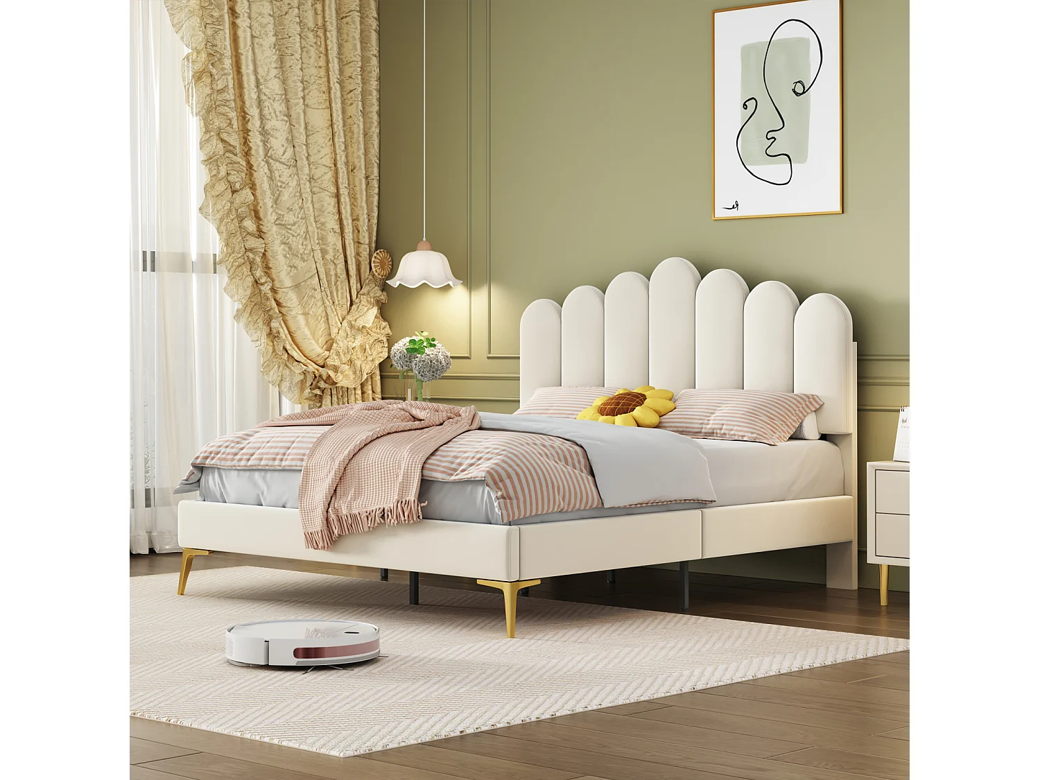 Gestoffeerd tweepersoonsbed 140 x 200 cm met hoofdbord en lattenbodem, voor volwassenen, fluweel, beige